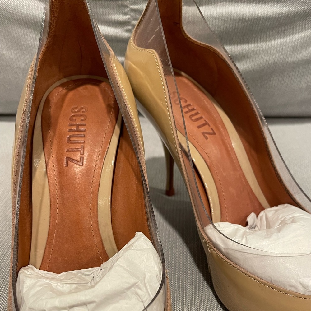 NEW Schutz Tan Patent Clear Scalloped Border Pointed High Heels 6 - Picture 11 of 16